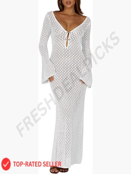 Dresses & Skirts - Sexy V-Neck Crochet Maxi Cover Up Dress Beach Vacation Long Sleeve Bodycon Knit